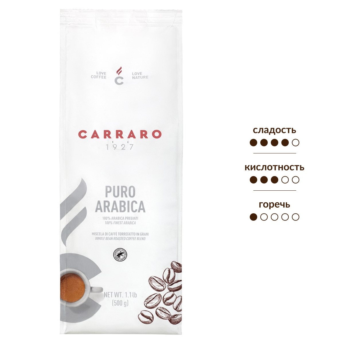 Изображение товара Кофе Carraro Arabica 100% в зернах, 500 г — Итальянский кофе