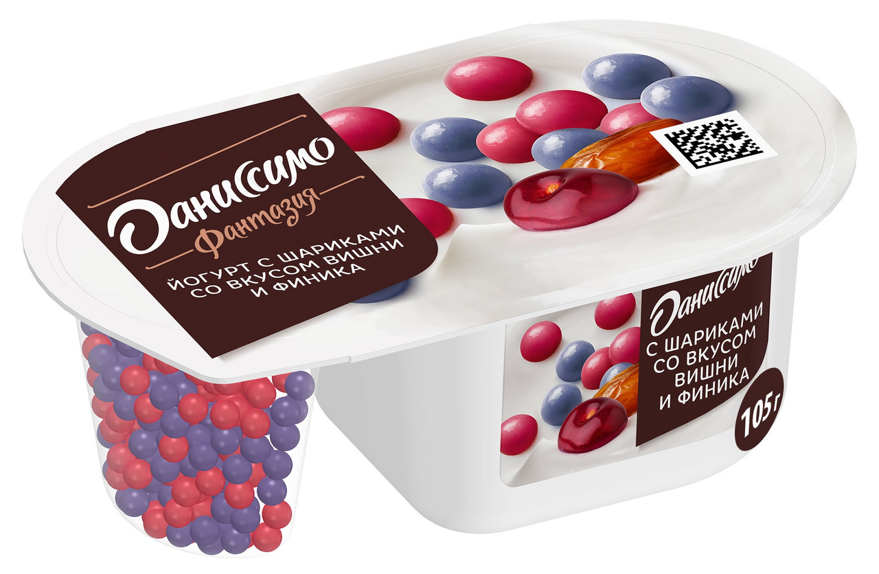 Йогурт Даниссимо Фантазия с хрустящими шариками со вкусом вишни и финика 6.9%, 105г