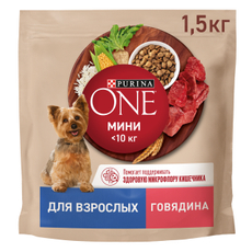 Корм сухой Purina One для взрослых собак мелких и карликовых пород с говядиной и рисом, 1.5кг