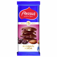 Шоколад Россия Щедрая душа Больше какао молочный с миндалем и изюмом, 82г