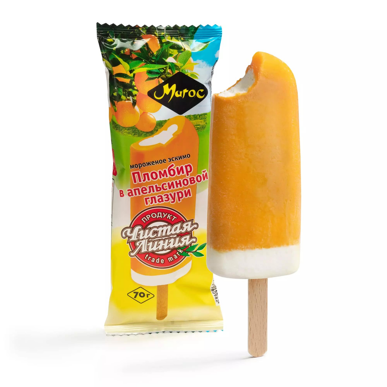 Мороженое Чистая Линия Пломбир ванильный в апельсиновой глазури, 70г купить  с доставкой на дом, цены в интернет-магазине