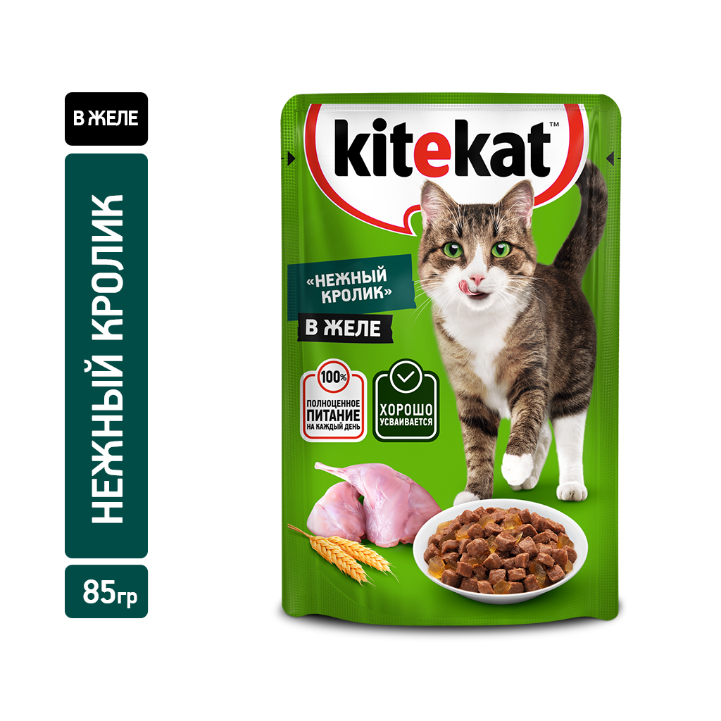 Корм влажный Kitekat Нежный кролик в желе для взрослых кошек, 85г купить с  доставкой на дом, цены в интернет-магазине