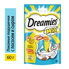 Лакомство Dreamies Микс Лакомые подушечки для взрослых кошек лосось и сыр, 60г