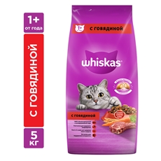 Корм сухой Whiskas Вкусные подушечки для взрослых кошек с говядиной, 5кг