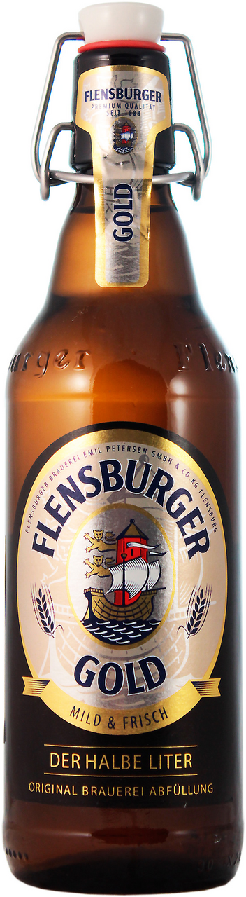 Изображение товара Пиво Flensburger Gold 0.5л - светлое, немецкое пиво в стеклянной бутылке