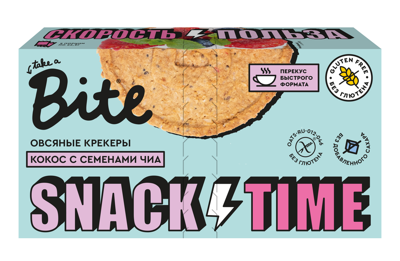 Изображение товара Печенье крекеры Take a Bite овсяные с кокосом и семенами чиа без сахара без глютена, 125г