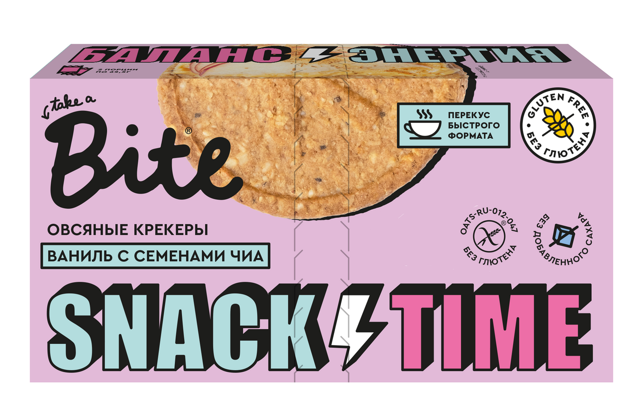 Изображение товара Печенье крекеры Take a Bite овсяные с ванилью и семенами чиа без сахара без глютена, 125г