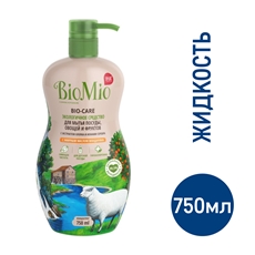 Средство экологичное BioMio для мытья посуды, овощей и фруктов с эфирным маслом мандарина, экстрактом хлопка и ионами серебра, 750мл