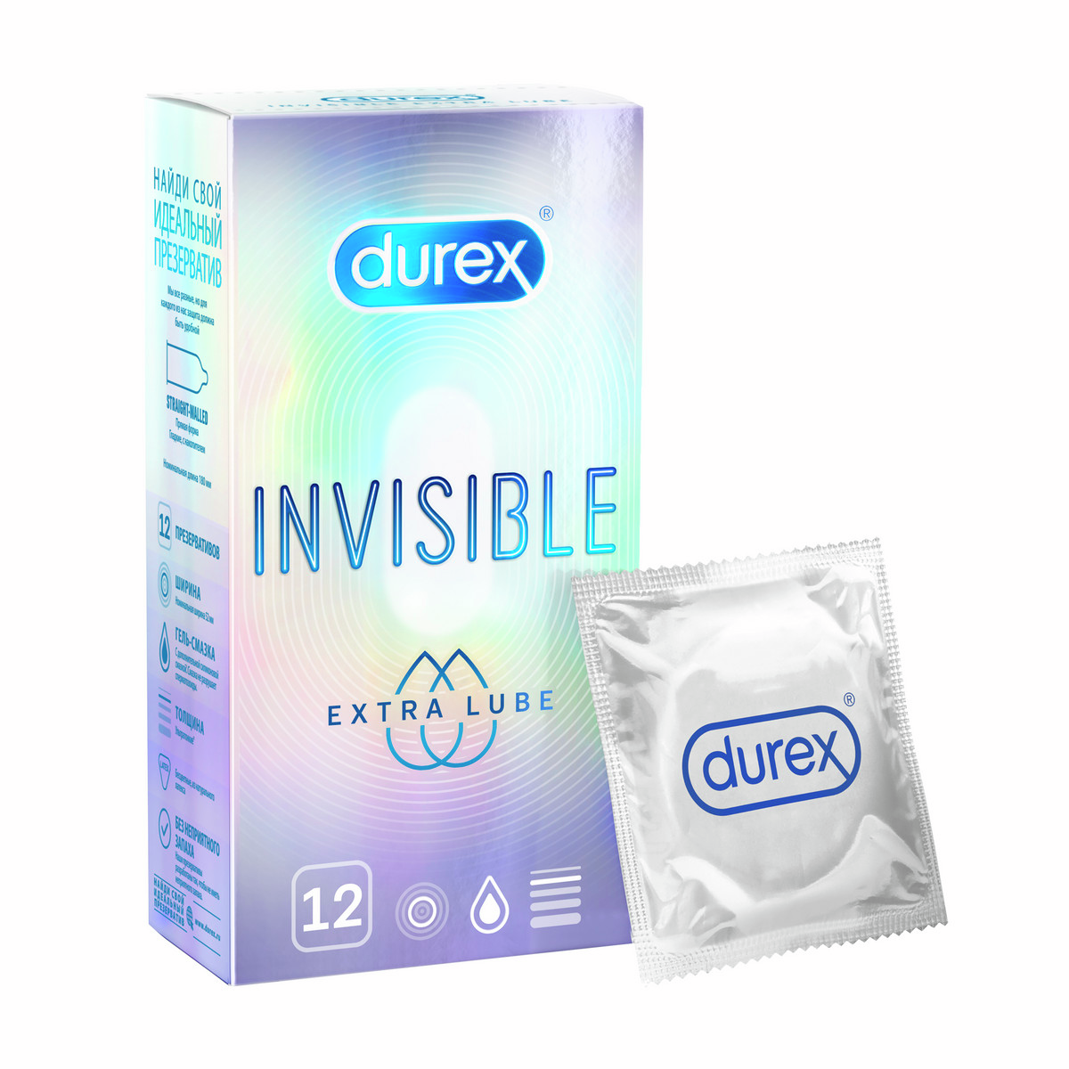 Презервативы Durex Invisible Extra Lube ультратонкие с дополнительной смазкой из натурального латекса, 12шт