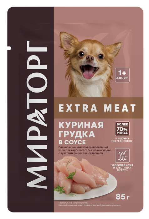 Изображение товара Корм влажный Мираторг для взрослых собак куриная грудка в соусе, 85г