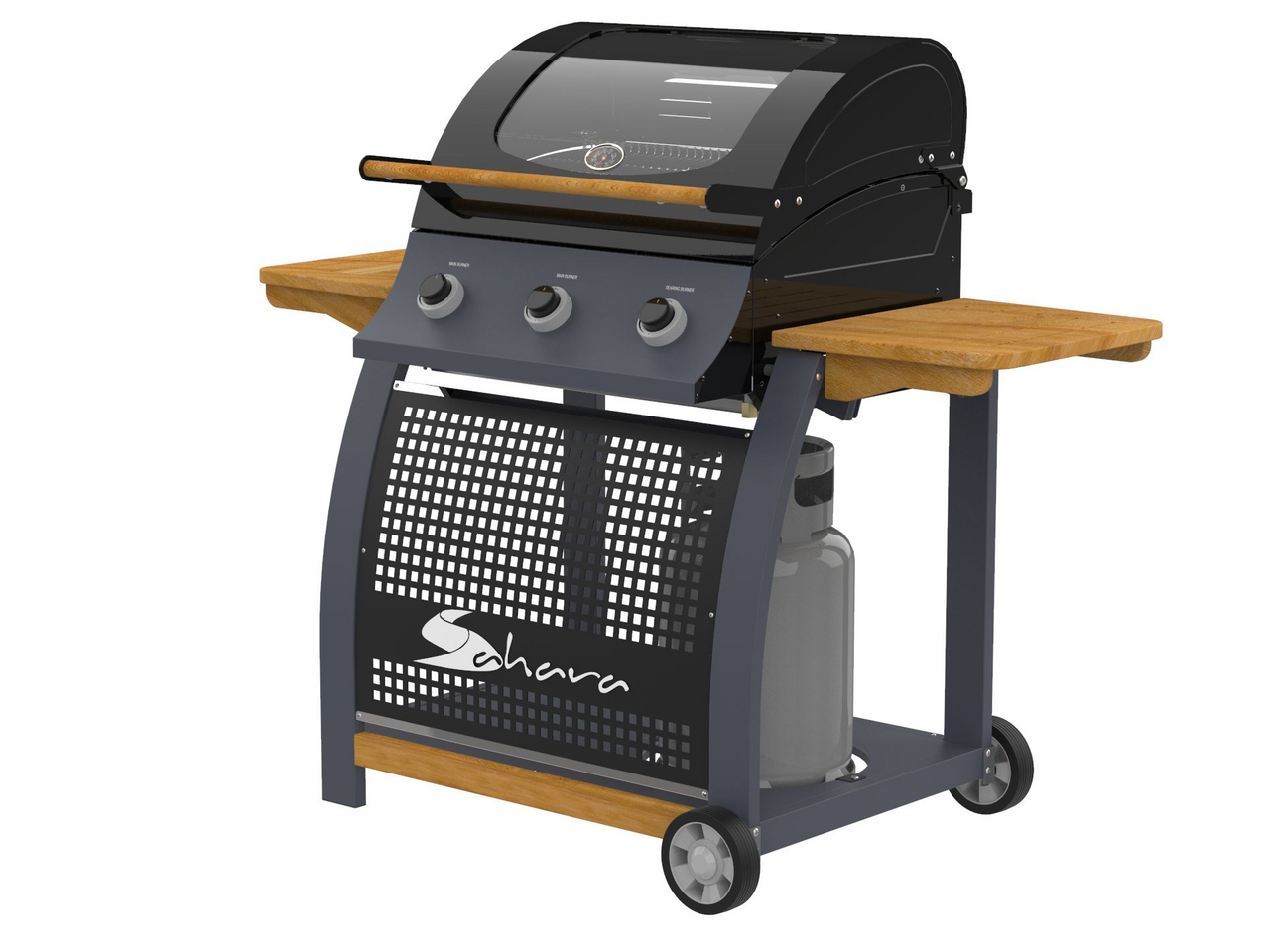 Гриль газовый разборный Sahara Oak BBQ 3 горелки из нержавеющей стали с чугунной решеткой на колесах 13,5 кВт 43кг, 120 x 147 x 72см