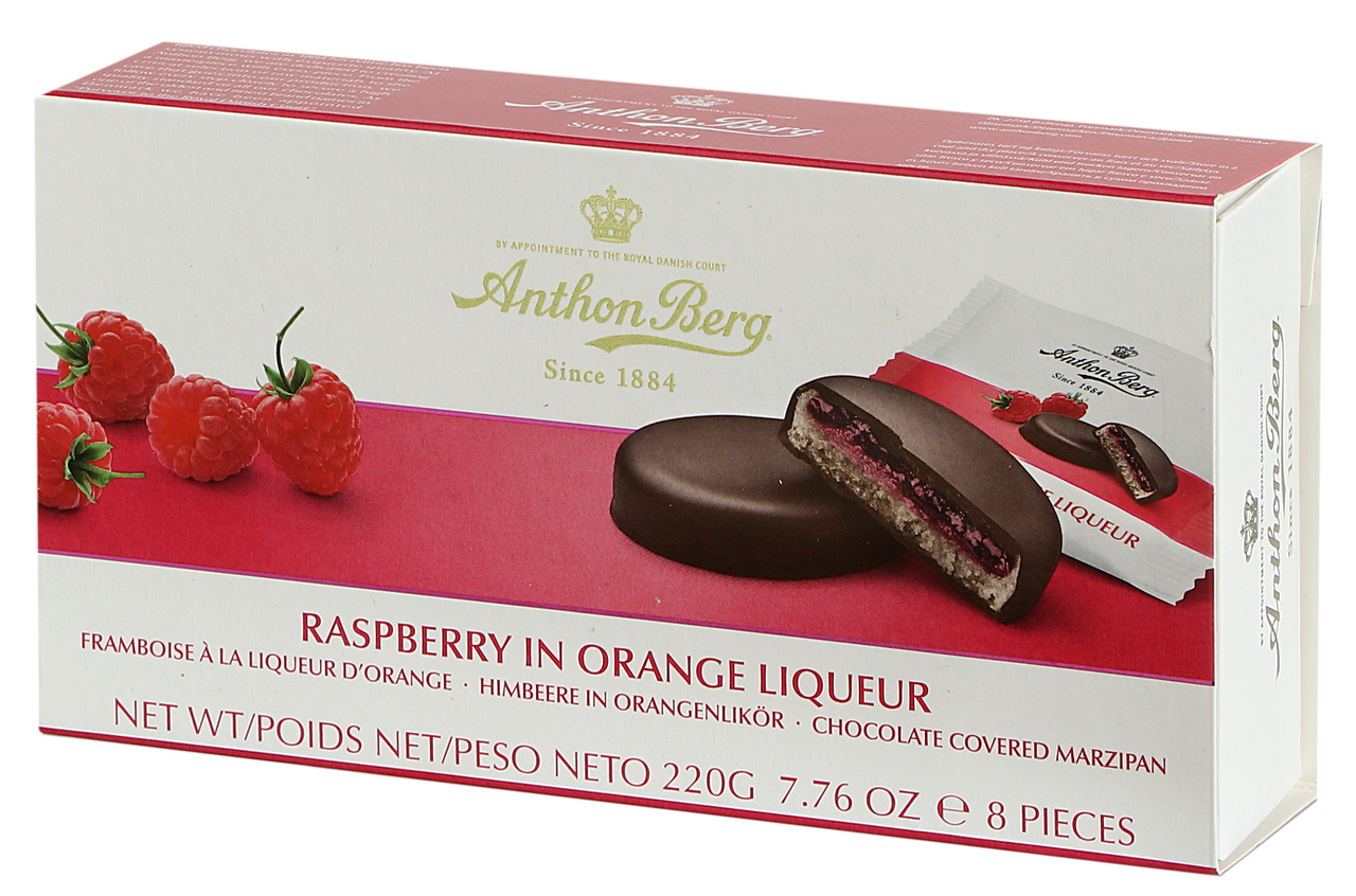 Набор шоколадных конфет Anthon Berg с марципаном Малина в апельсиновом ликере, 220г