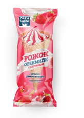 Мороженое сливочное Оренмилк Ванильное с клубникой в вафельном рожке, 120г