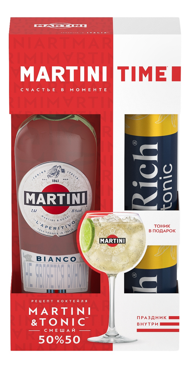 Напиток виноградосодержащий Martini Bianco из виноградного сырья белый  сладкий + Тоник Rich (330мл х 2шт), 1.5л купить по выгодной цене, самовывоз  алкоголя из магазина в Москве