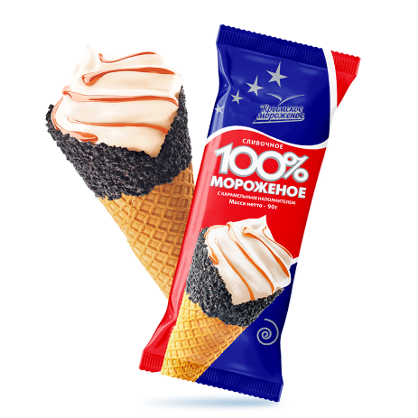 Мороженое сливочное Крымское мороженое с карамелью в вафельном рожке 90г