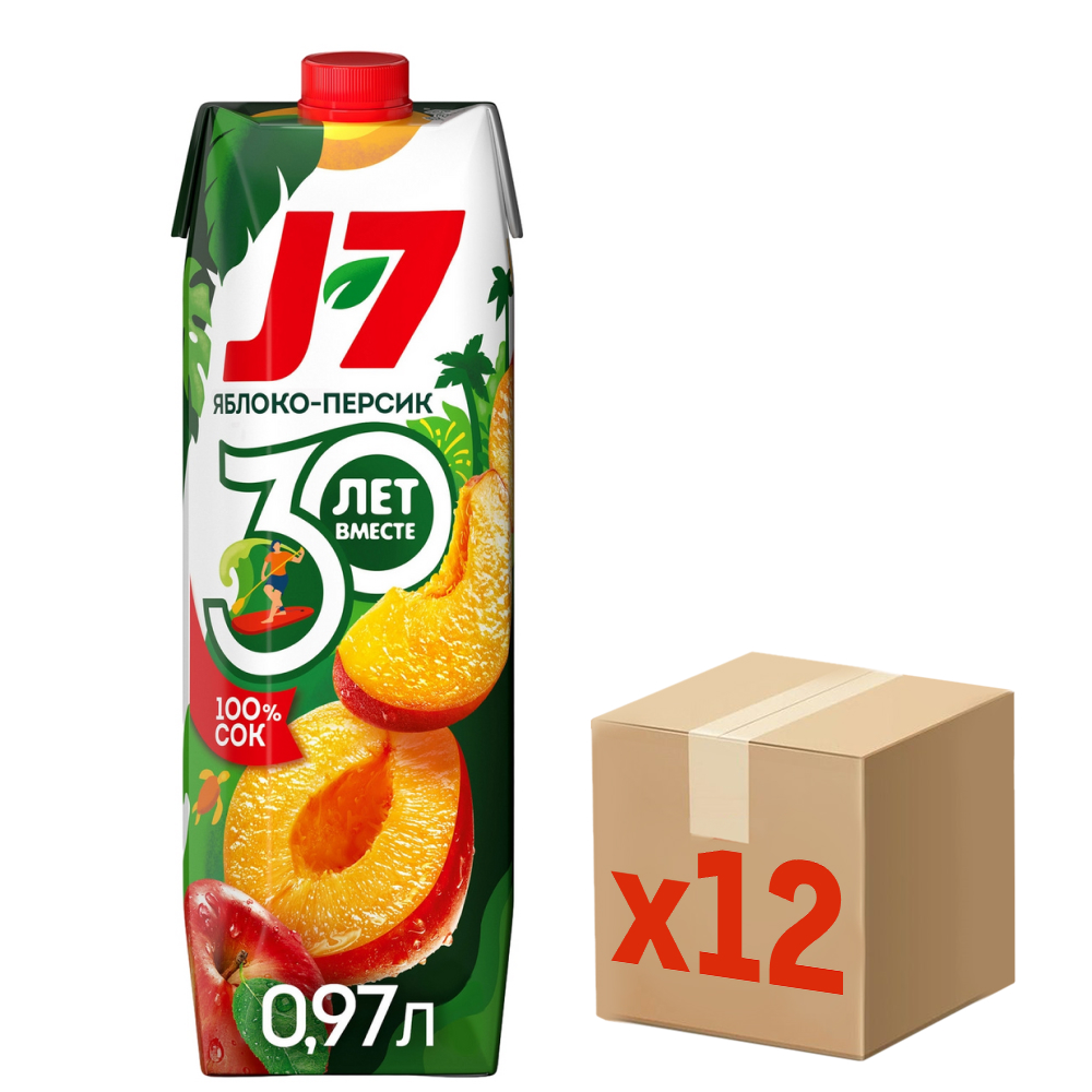 Сок J7 яблоко-персик мякотью, 970мл x 12 шт