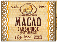 Масло сливочное Качугское Крестьянское ГОСТ 72.5%, 200г
