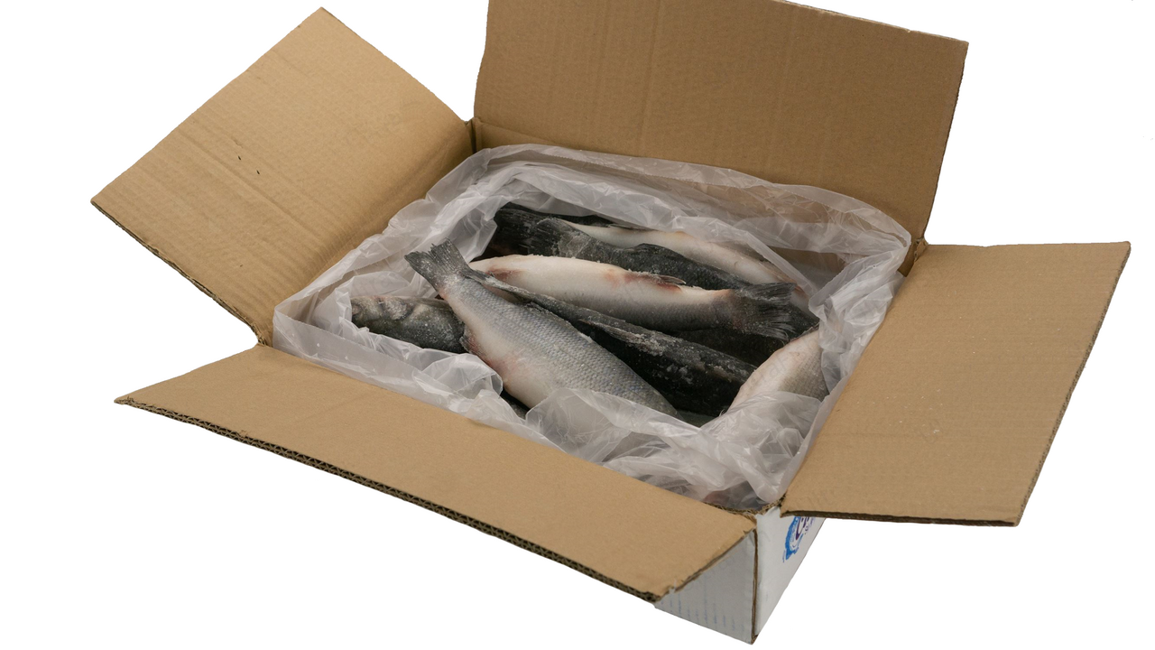 Сибас Вкусарт неразделанный свежемороженый 300/400 короб, ~5кг