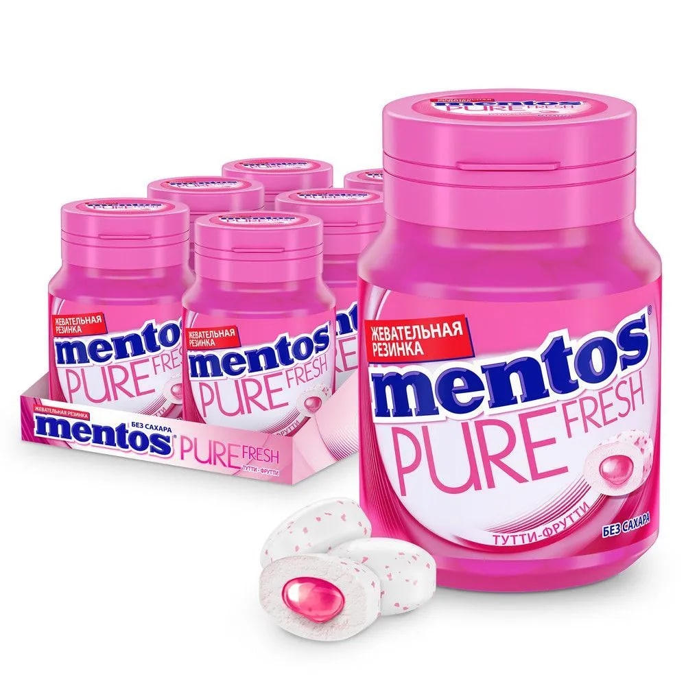 Изображение товара Жевательная резинка Mentos Pure Fresh Тутти-Фрутти 54г х 6 шт с жидкой начинкой