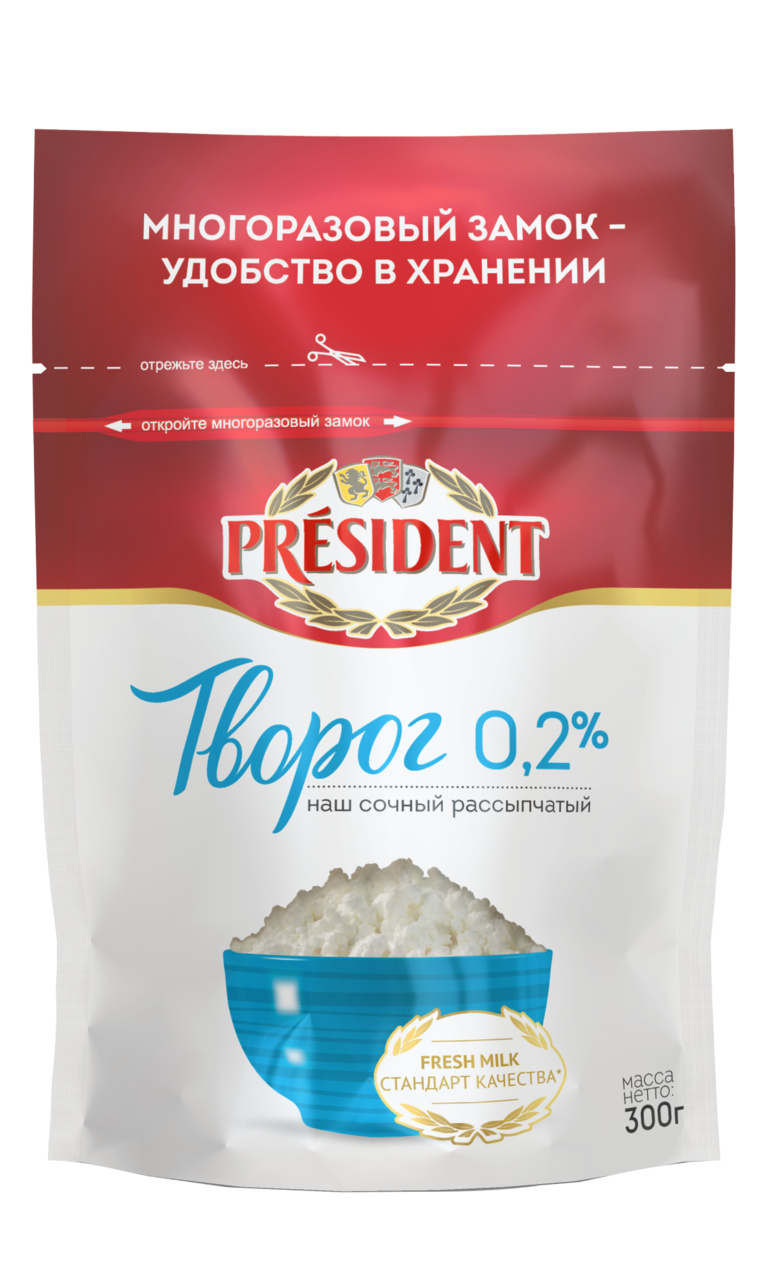 Творог PRESIDENT рассыпчатый 0,2%, 300г купить с доставкой на дом, цены ...