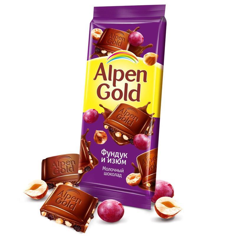 Шоколад ALPEN GOLD Фундук и Изюм, 90г
