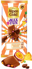 Шоколад Alpen Gold Max Fun Фруктовые кусочки-рис-шарики карамели, 140г