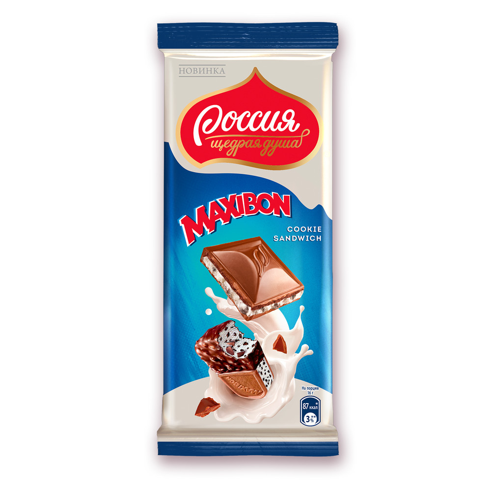 Шоколад Россия Щедрая душа Maxibon cookie sandwich молочный с печеньем и мороженым, 80г