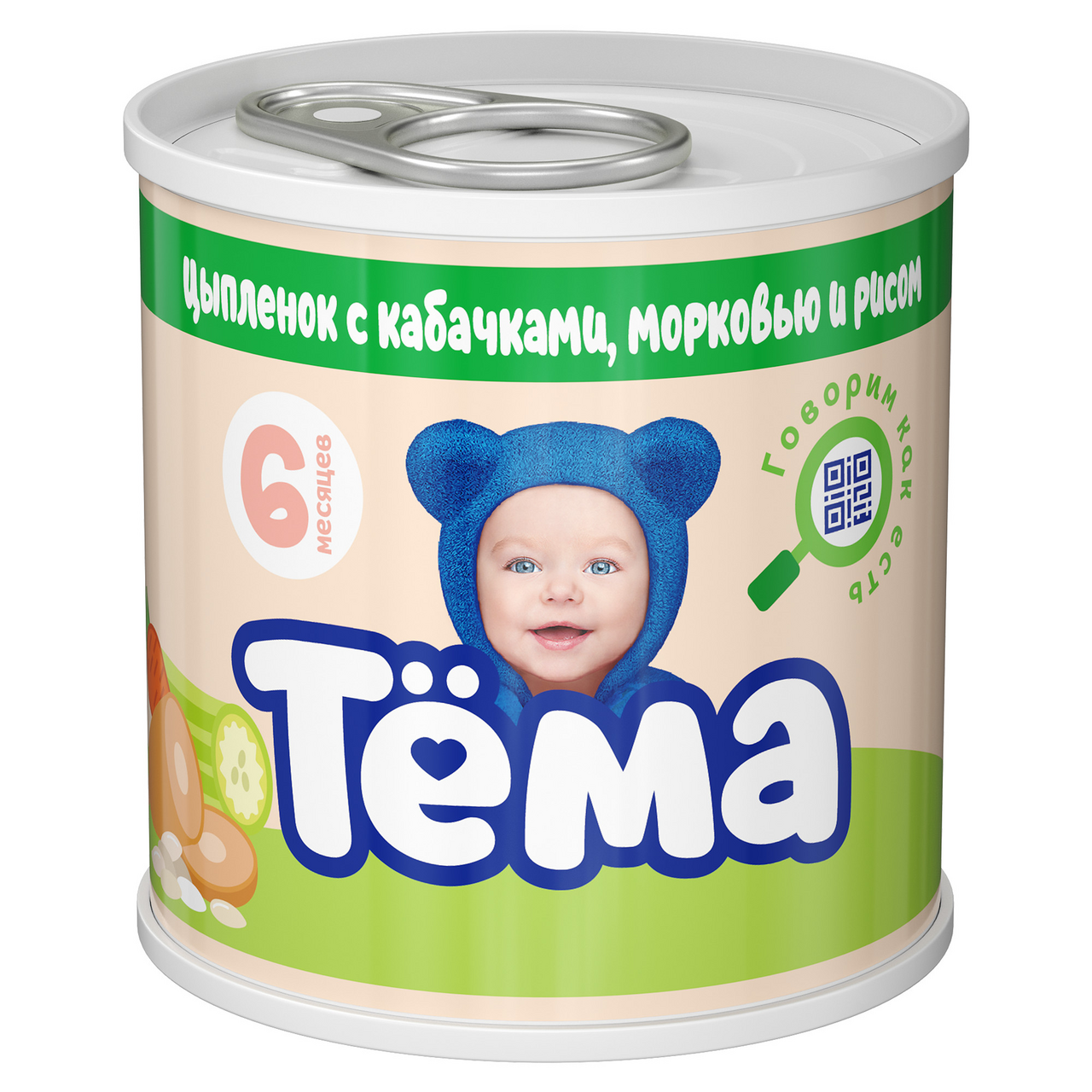 Изображение товара Пюре мясо-растительное детское Тема Цыпленок, кабачок, морковь и рис с 6 месяцев, 90г