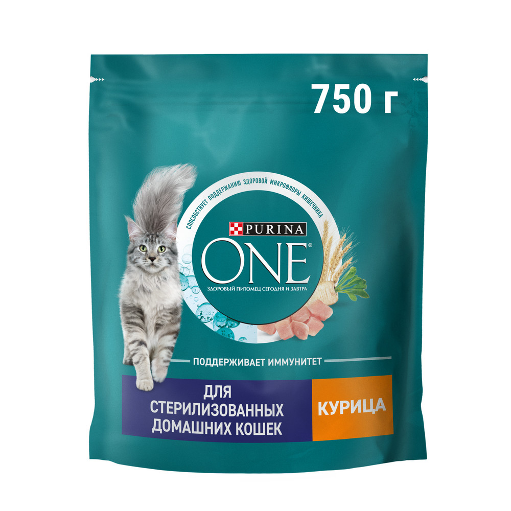 Корм сухой Purina One для стерилизованных кошек и кастрированных котов с  курицей и цельными злаками, 750г купить с доставкой на дом, цены в  интернет-магазине