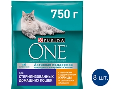 Корм сухой Purina One для стерилизованных кошек и кастрированных котов с курицей и цельными злаками, 750г х 8 шт