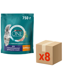 Корм сухой Purina One для стерилизованных кошек и кастрированных котов с курицей и цельными злаками, 750г х 8 шт