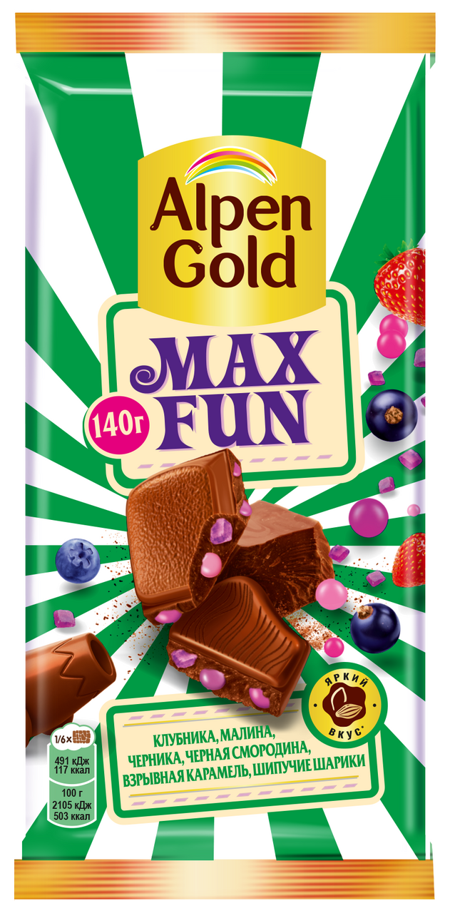 Шоколад Alpen Gold Max Fun Ягоды-карамель-шипучие шарики молочный, 140г