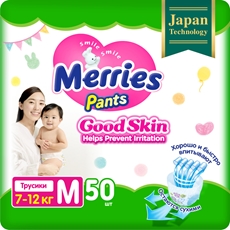 Подгузники трусики Merries Good Skin M 7-12кг, 50шт