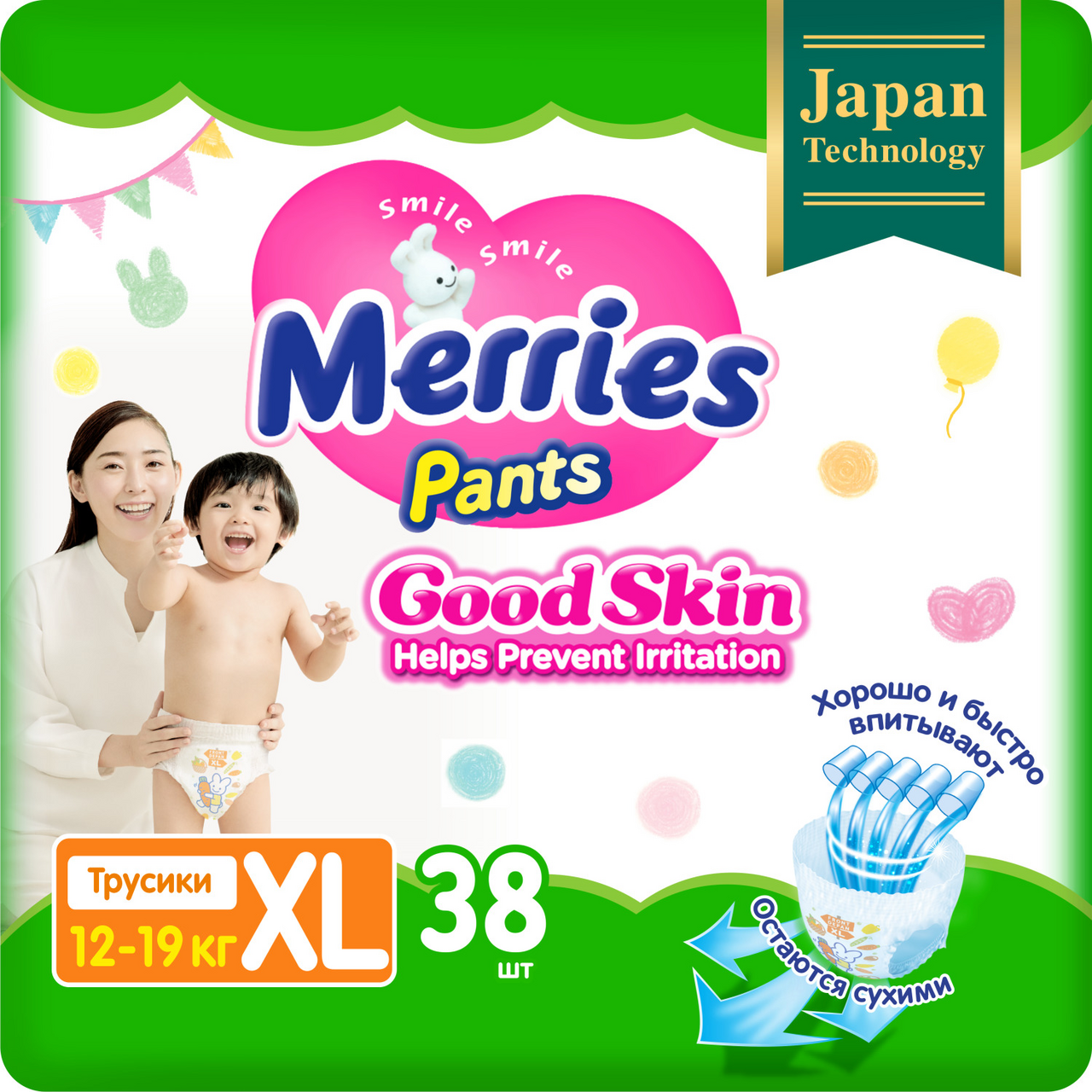 Изображение товара Подгузники-трусики Merries Good Skin XL 12-19кг, 38шт