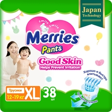 Подгузники трусики Merries Good Skin XL 12-19кг, 38шт