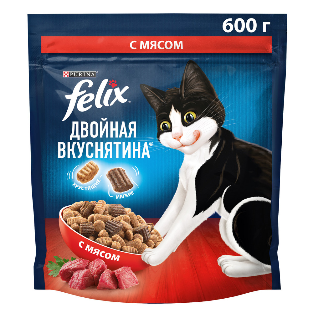 Изображение товара Корм сухой Felix Двойная вкуснятина для взрослых кошек с мясом, 600г