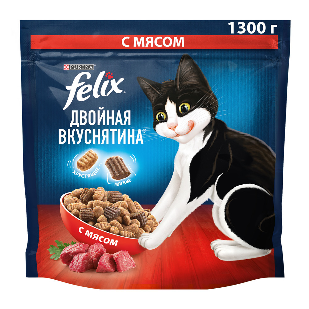 Изображение товара Сухой корм Felix Двойная вкуснятина для взрослых кошек с мясом 1.3кг