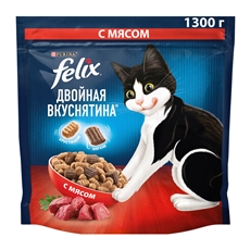 Корм сухой Felix Двойная вкуснятина для взрослых кошек с мясом, 1.3кг
