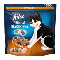 Корм сухой Felix Двойная вкуснятина для взрослых кошек с птицей, 1.3кг