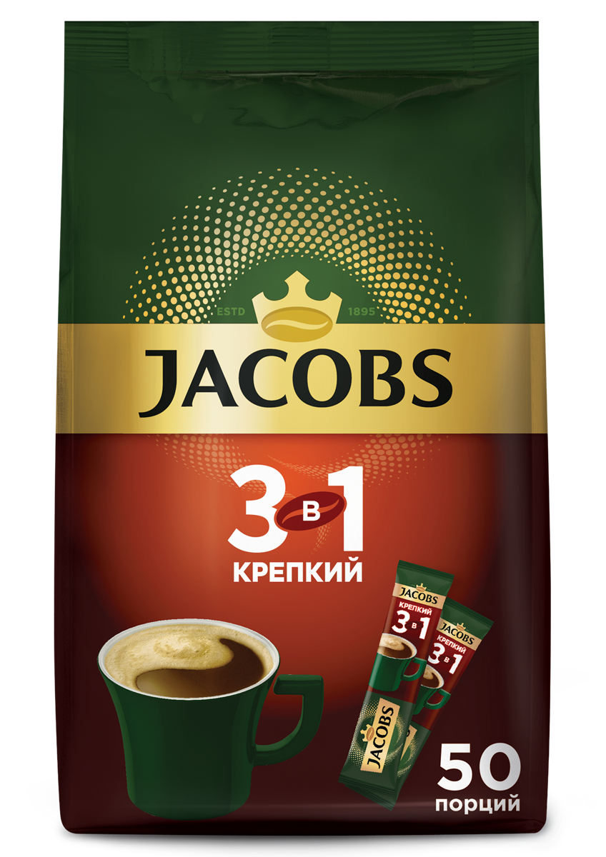 Напиток кофейный Jacobs 3в1 Крепкий 50 пакетиков, 675г купить с доставкой  на дом, цены в интернет-магазине