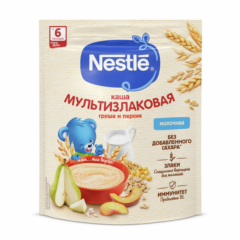 Изображение товара Каша молочная детская Nestle Мультизлаковая Груша и персик с 6 месяцев, 200г