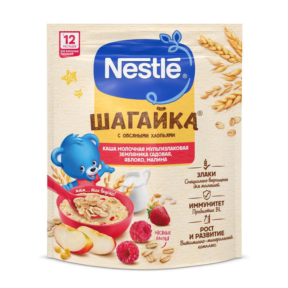 Каша Nestle Шагайка мультизлаковая земляника-яблоко-малина молочная, 190г  купить с доставкой на дом, цены в интернет-магазине