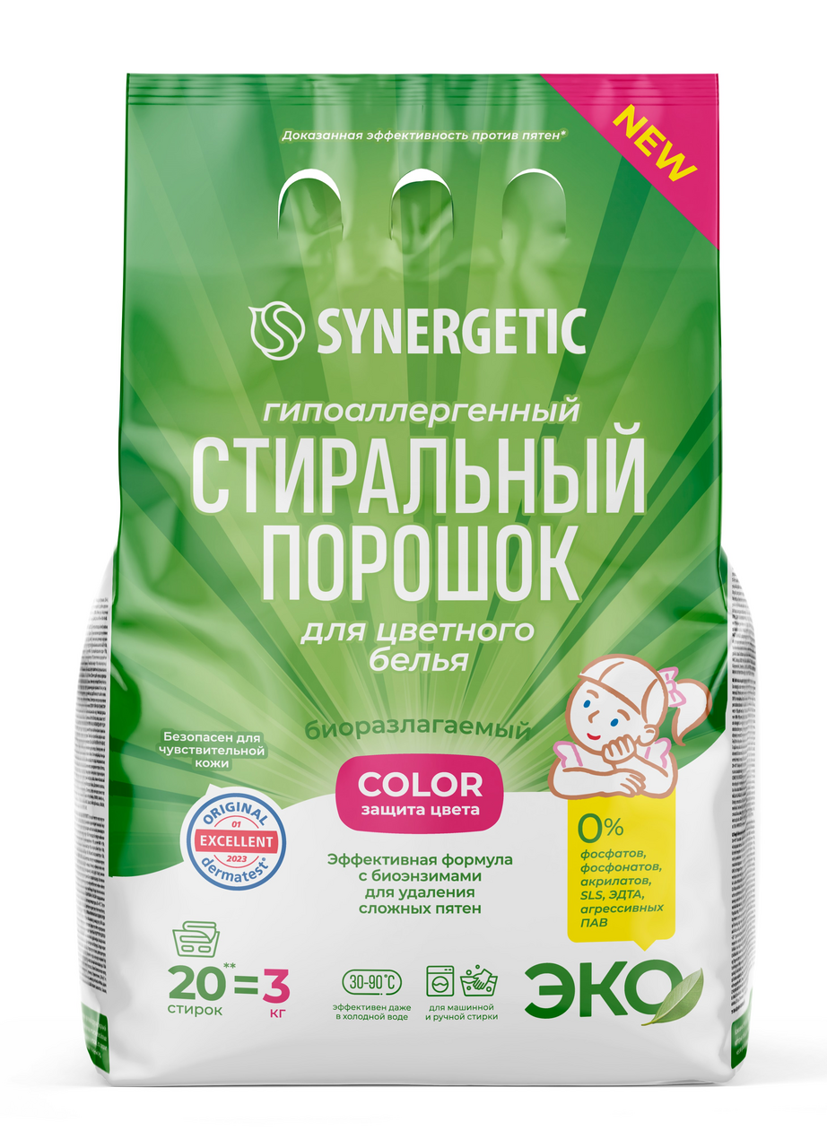 Изображение товара Стиральный порошок SYNERGETIC Color 3кг - Безопасный и Эффективный