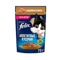Корм влажный Felix Аппетитные кусочки для взрослых кошек с индейкой в желе, 75г