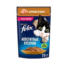 Корм влажный Felix Аппетитные кусочки для взрослых кошек с курицей в желе, 75г
