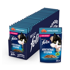 Корм влажный Felix Аппетитные кусочки для взрослых кошек с форелью в желе, 75г x 26 шт