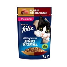 Корм влажный Felix Аппетитные кусочки Двойная вкуснятина для взрослых кошек с индейкой и печенью в желе, 75г