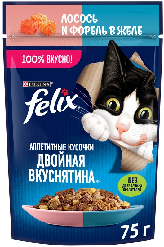 Корм влажный Felix Аппетитные кусочки Двойная вкуснятина для взрослых кошек с лососем и форелью в желе, 75г