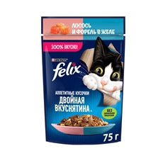 Корм влажный Felix Аппетитные кусочки Двойная вкуснятина для взрослых кошек с лососем и форелью в желе, 75г