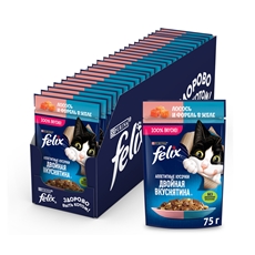 Корм влажный Felix Аппетитные кусочки Двойная вкуснятина для взрослых кошек с лососем и форелью в желе, 75г x 26 шт